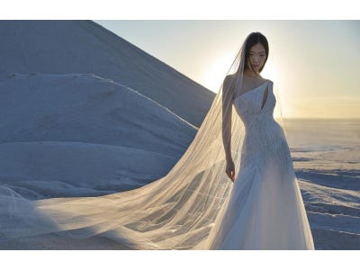 Dunkelhaarige Braut in weißem Off Shoulder Brautkleid mit Glitzerverzierungen und langem durchsichtigen Schleier in der Wüste stehend.