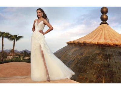 Brunette wearing a romantic bridal gown with V-neck, posing outside against a background of mountains and palm trees
