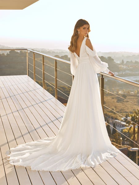 back wedding flared dress v-neck long sleeves cleopatra