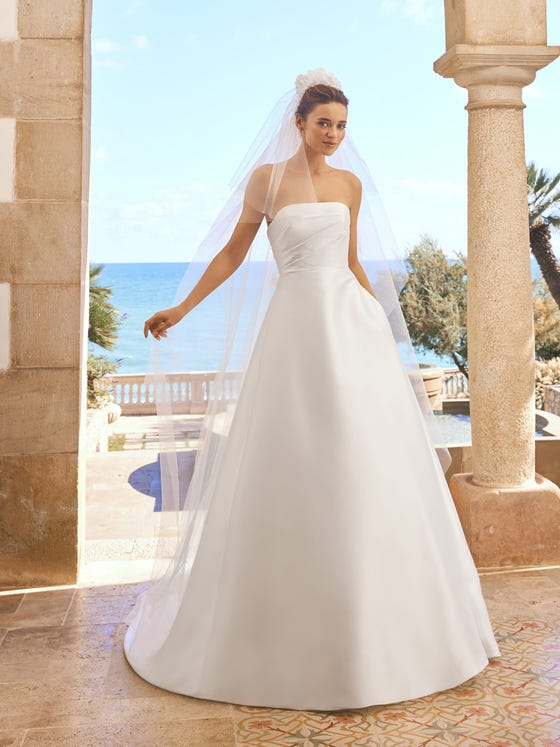 Minimalist Strapless Corset Slit Satin Wedding Dress - Xdressy