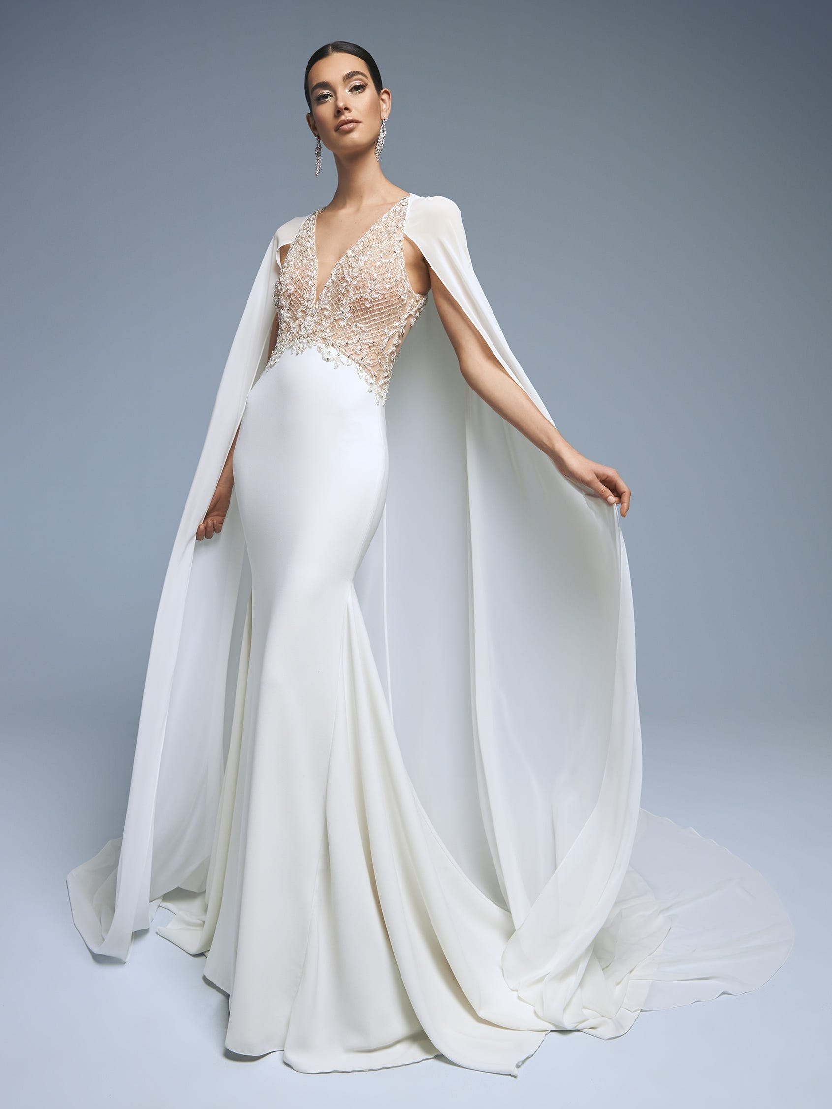Crepe Mermaid Gown With Beaded Cape Sleeves In Midnight | Adrianna Papell