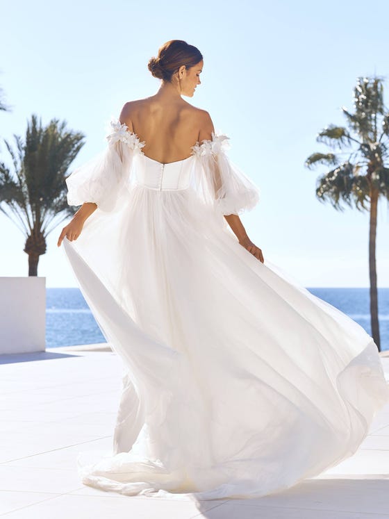 back wedding dress flared strapless exposed back rosy