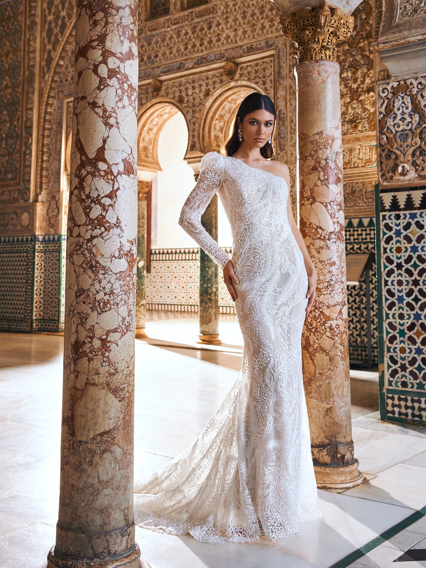 珍贵的吊坠耳环，由一连串镶嵌在金属上的宝石制成。