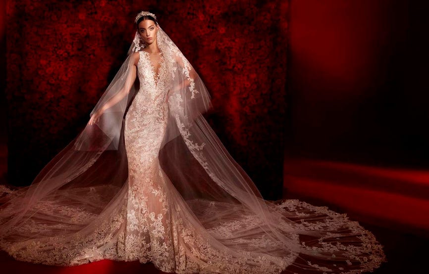 Noiva a usar um vestido de noiva sereia com um decote em bico e um véu longo