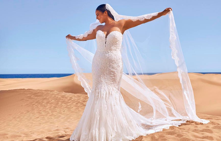 Woman in a strapless lace wedding dress in a mermaid cut with a sweetheart neckline and a long bridal veil.