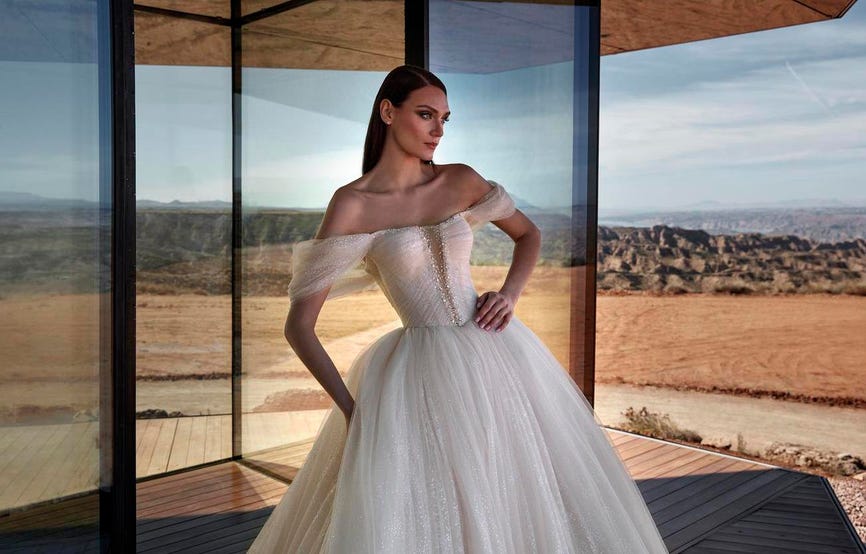 Brunette wearing a romantic princess wedding dress in glitter tulle and off-shoulder sleeves, standing outside near a window