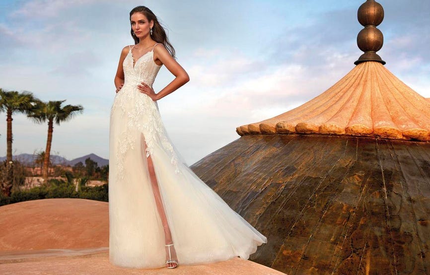 Brunette wearing a romantic bridal gown with V-neck, posing outside against a background of mountains and palm trees