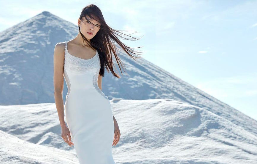 Brunette wearing an embroidered tulle mermaid wedding dress standing in front of a snowy hill