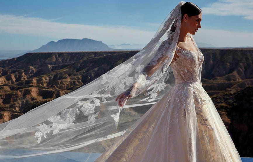 Brunette wearing a princess-cut ballgown in glitter tulle, walking outside against a backdrop of mountains