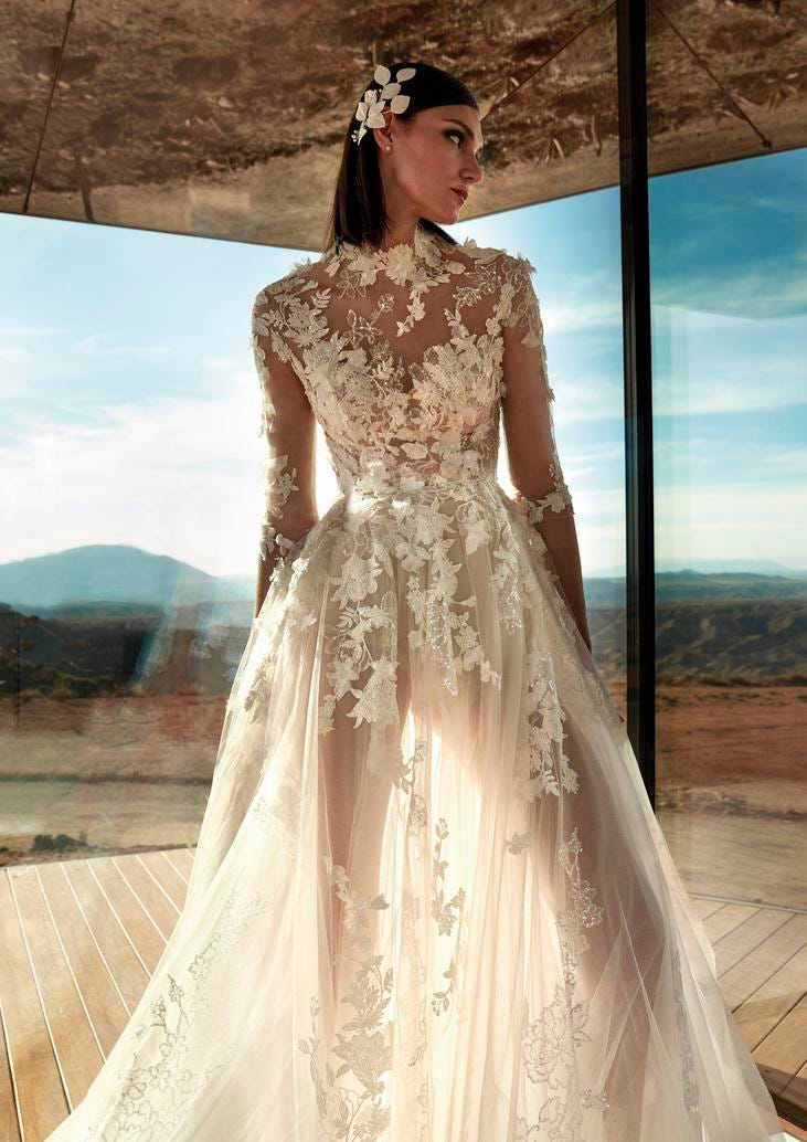 Une mariée dans une robe de mariée de luxe transparente avec un col haut et des manches longues ornées de motifs en dentelle.