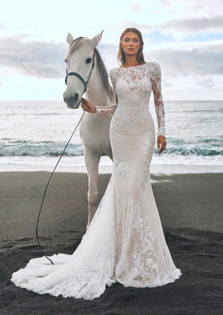  Noiva com vestido sereia de manga longa bordado com renda e cauda com cavalo na praia