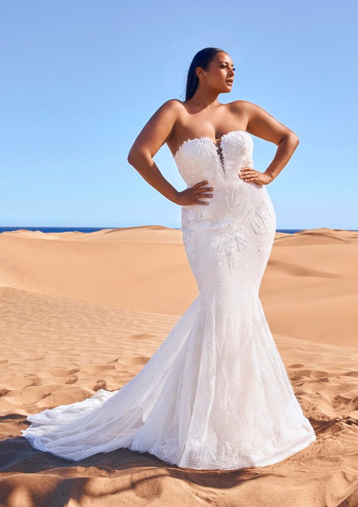 Women with black hair in a strapless mermaid wedding dress with a deep v neckline standing in sand dunes