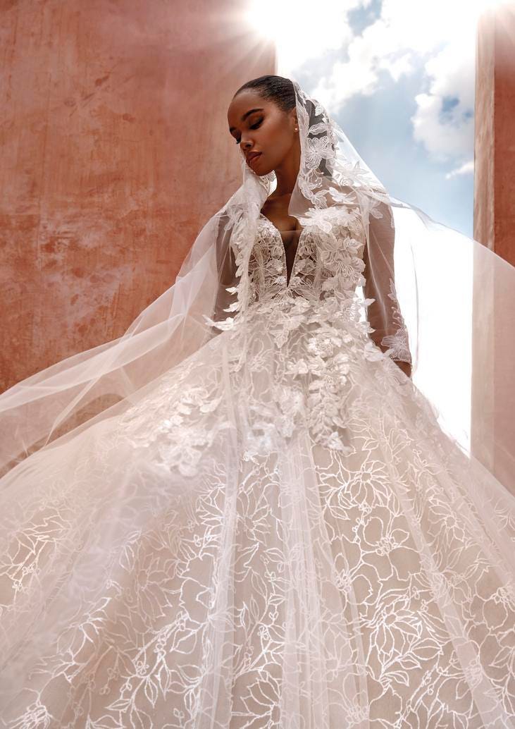 Une sublime mariée portant une somptueuse robe de mariée en dentelle de style princesse et un voile cathédrale sur la tête.