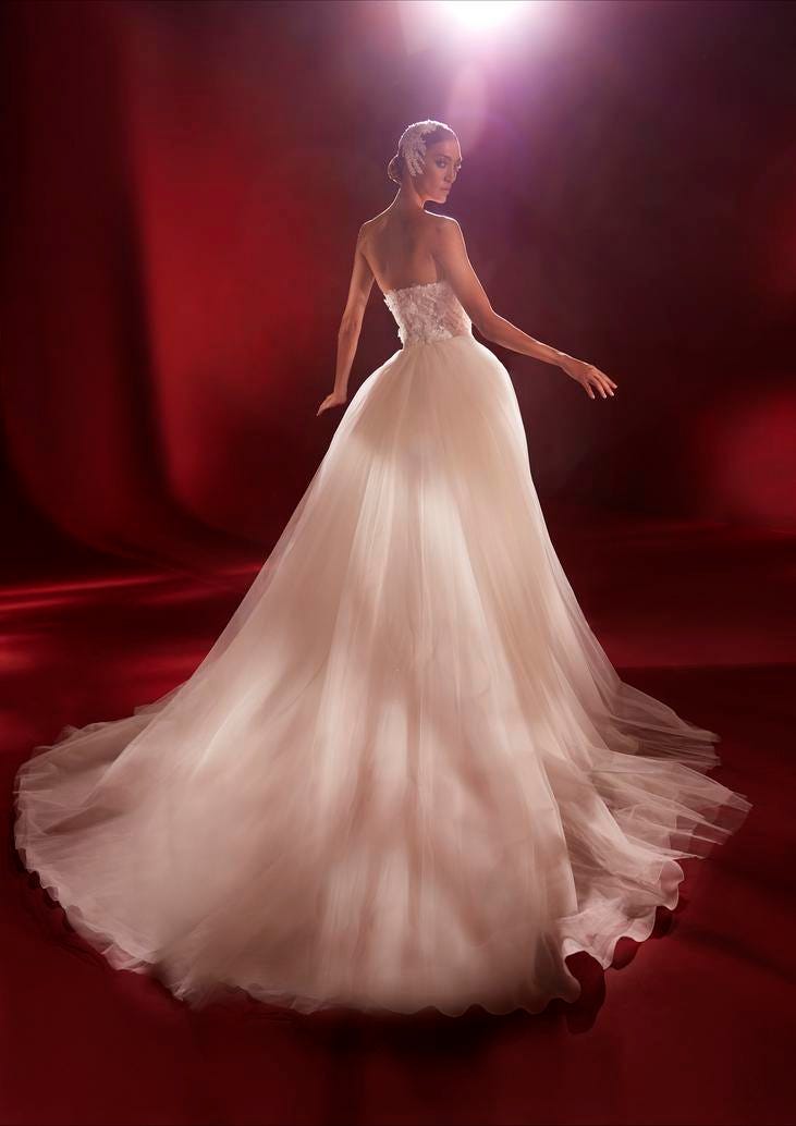 Woman wearing an elegant sleeveless princess wedding gown posing against a vibrant red backdrop